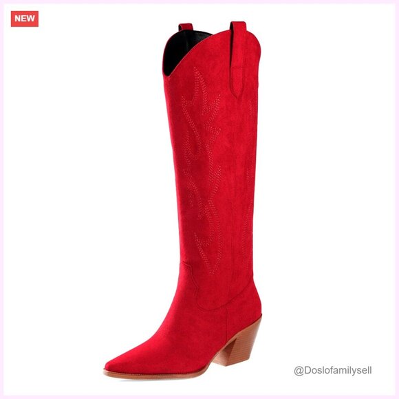 Shoes - Knee High Western Boots Pointed Toe Block Heel Faux Suede Embroidered